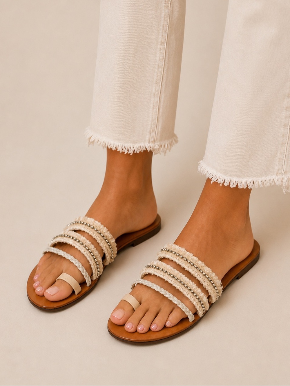 SCHUTZ Neutral Braided Multi-Strap Slide Sandals in Beige and White